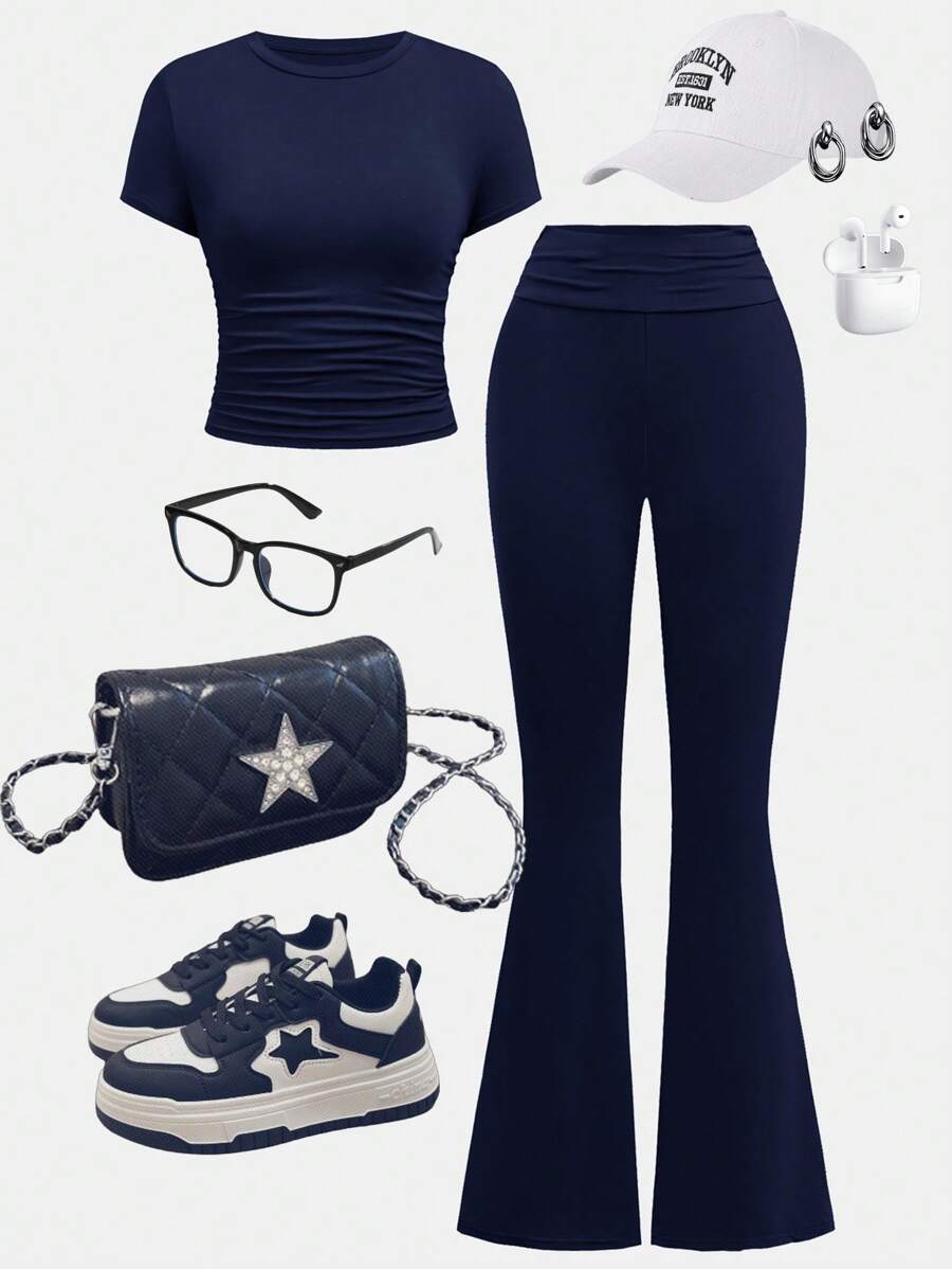 SHEIN Girlism Teen Girls 2pcs Set: Solid Color Casual & Versatile Ruched T-Shirt With Low Waist Flare Pants Holiday Outfits - Navy Blue - View 1