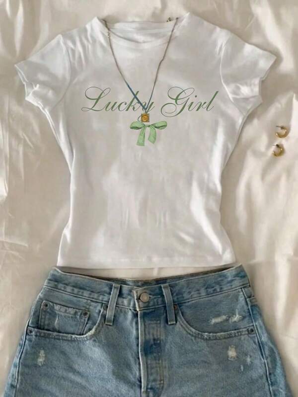 Tween Girl Casual Chic Minimalist Fresh Green Bowknot Letter Graphic Print Fitted Crop Top T-Shirt (Sibling/Matching T-Shirt, 2 Pieces Sold Separately)