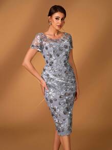 Serin 夏季优雅华丽灰色亮片刺绣圆领小短袖褶皱裹身中长款连衣裙，适合晚宴、约会、音乐节、舞蹈、假日、婚礼、新娘、母亲、情人节等场合。 - 藕粉色 - 查看 5