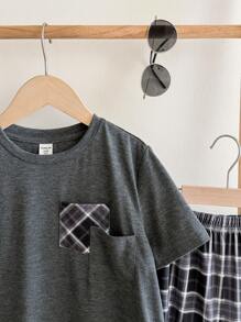 2pcs/Set Dozemod Kids Tween Boys Summer Casual Plaid Shorts & Loose Fit Round Neck Short Sleeve Tee Pajama Set - Dark Grey - View 3