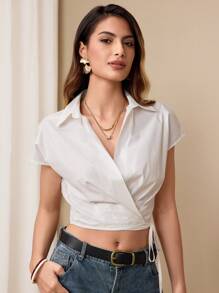 SHEIN Unity 女士优雅纯色 V 领系带短款衬衫 - 白色 - 查看 1