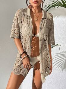 Swim Vcay Kimono femme d'été de couleur unie à manches courtes, à simple boutonnage, avec décolleté ajouré