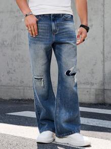 Manfinity EMRG Men's Medium Wash Denim Long Jeans With Zipper Details And Distressed Knee Rips - Medium Wash - View 3