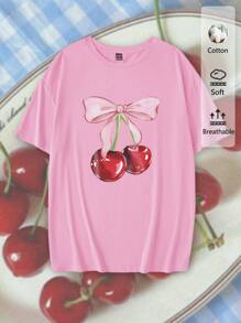 SHEIN EZwear Camiseta de manga corta con cuello redondo y gráfico de cerezas de talla grande, corte casual y holgado para mujer, para el verano - Rosa Pálido - Ver 9