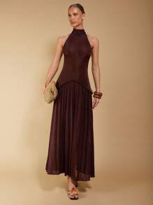 COSMINA Váy trơn không tay cho nữ, thời trang mùa hè - màu nâu - Xem 3