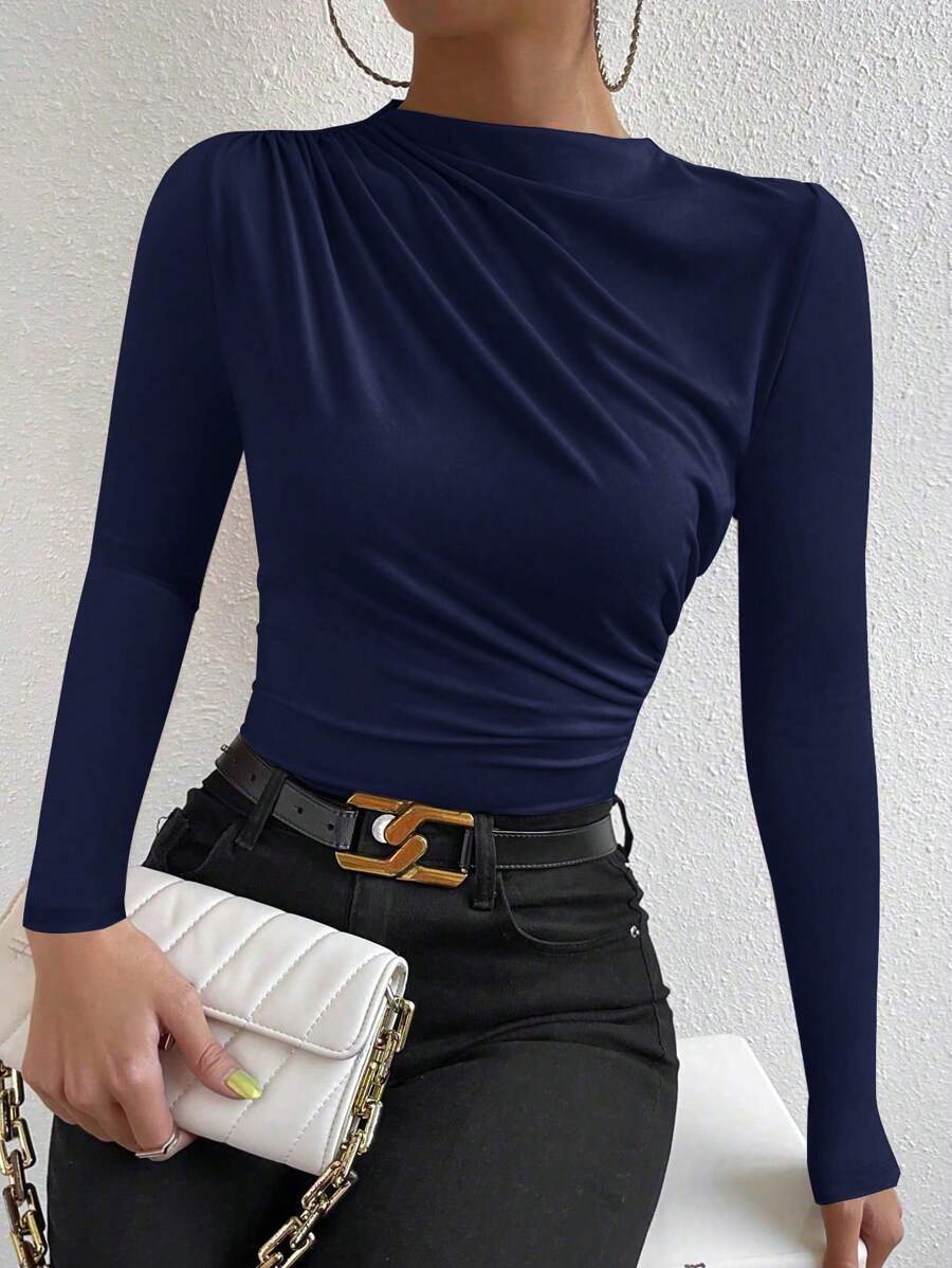 SHEIN PETITE 1件女款純色立領百褶長袖修身T恤,秋季女裝,適合嬌小女性 - 藏蓝色 - 查看 1