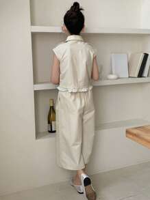 Hapijoa 2pcs/Set Tween Girls Casual Sleeveless Top And Pants Set, Summer,Back To School Clothes - Khaki - View 5