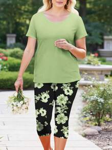 EMERY ROSE 2 件套女士加大码绿色圆领短袖花卉印花 T 恤和 3/4 裤，夏季 - 綠色 - 查看 5