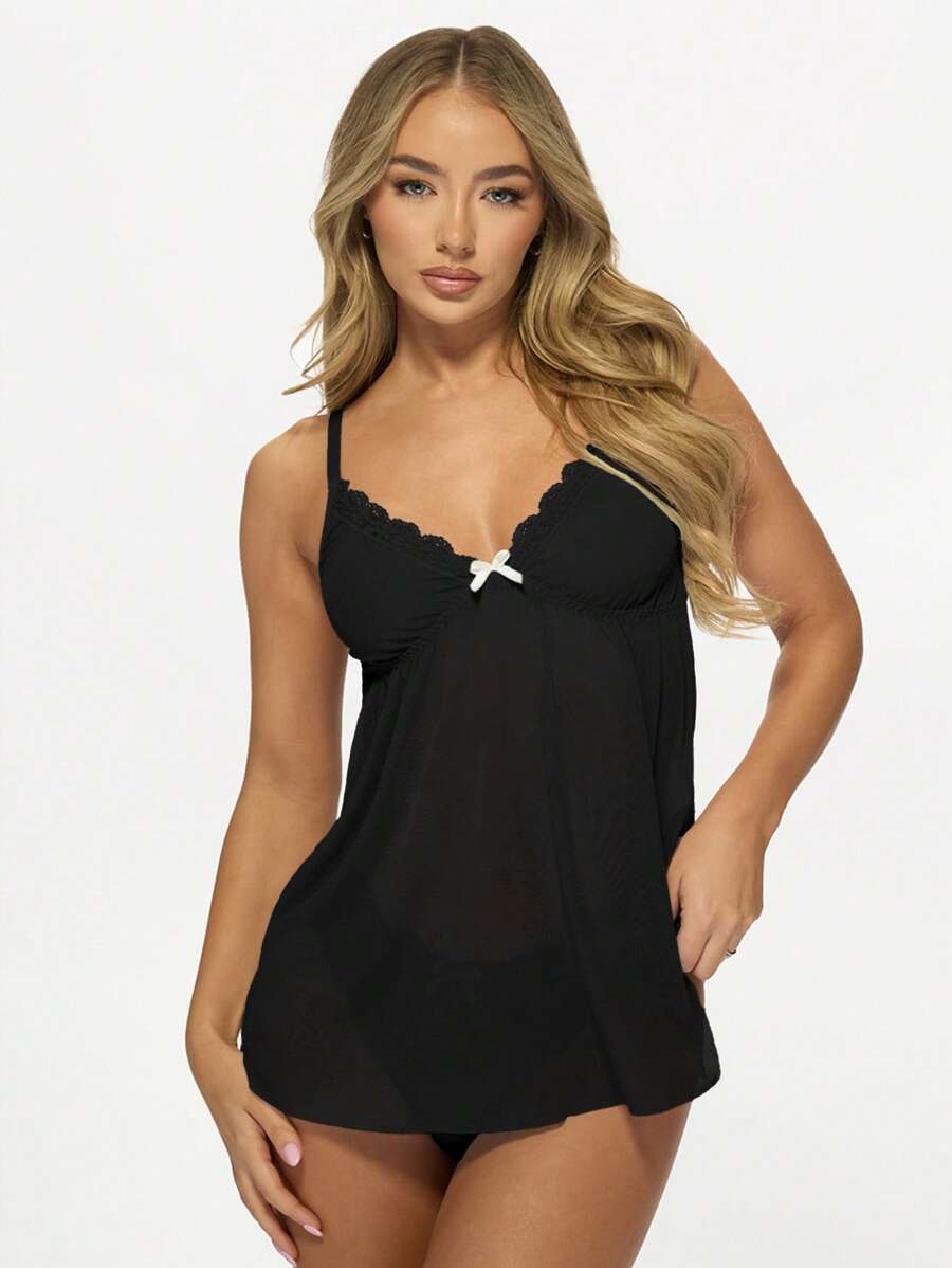 MISSGUIDED Babydoll Nightwear Cami Set Lace Trim Detailing Bow Design Adjustable Straps Fall Winter Night Sleep Wear - Black - View 1