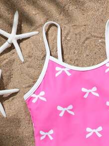 1pc Girls' One-Piece Swimsuit With Bowknot Design And Black Trim Triangle Scarf - Multicolor - View 4