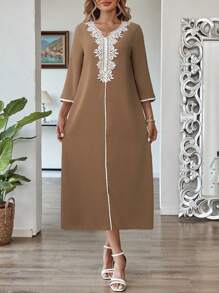 EMERY ROSE Women's Modest Khaki Midi Dress With Contrast Lace And Three-Quarter Sleeves - Khaki - View 6