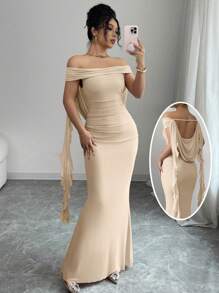 Elenzga Váy mùa hè đơn giản thanh lịch cho nữ - Màu be - Xem 1