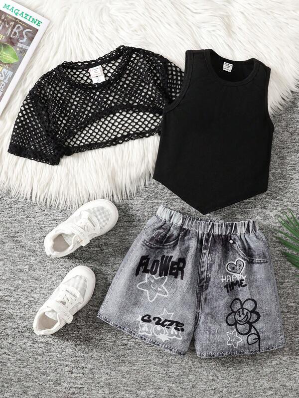 SHEIN 3pcs/Set Tween Girls Casual Minimalist Comfortable Round Neck Cropped Mesh T-Shirt Top And Shorts Set