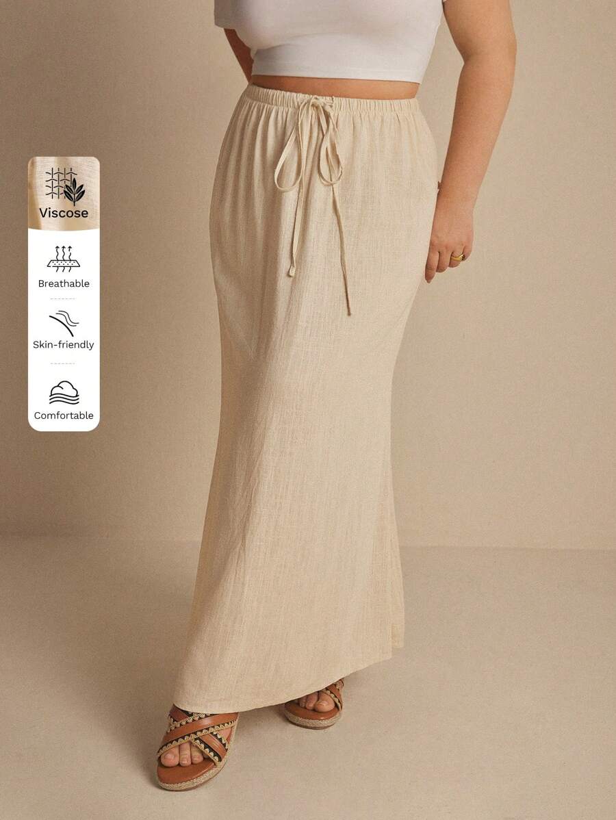 Elaquor Plus Size Fall Women Clothes,Women Solid Color Simple Drawstring Waist Skirt - Khaki - View 1