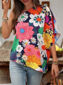 SHEIN Clasi 女士新款时尚优雅斜肩不对称宽松花卉印花假日衬衫乡村装女士海滩度假装女士衬衫波西米亚风女装罩衫外出上衣女士衬衫女士度假装女士衬衫日常穿着波西米亚风/波西米亚风、假日、度假风格夏季海滩婚礼宾客女士休闲夏季外出衬衫