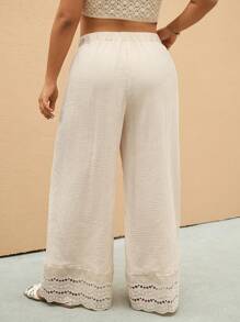 Elaquor Plus Size Vacation Casual Solid Color Hollow Embroidery Wide Leg Pants - Khaki - View 4
