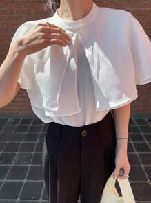 FRIFUL 女士多层拼接宽松圆领荷叶边袖纯色休闲夏季短袖衬衫 - 白色 - 查看 7