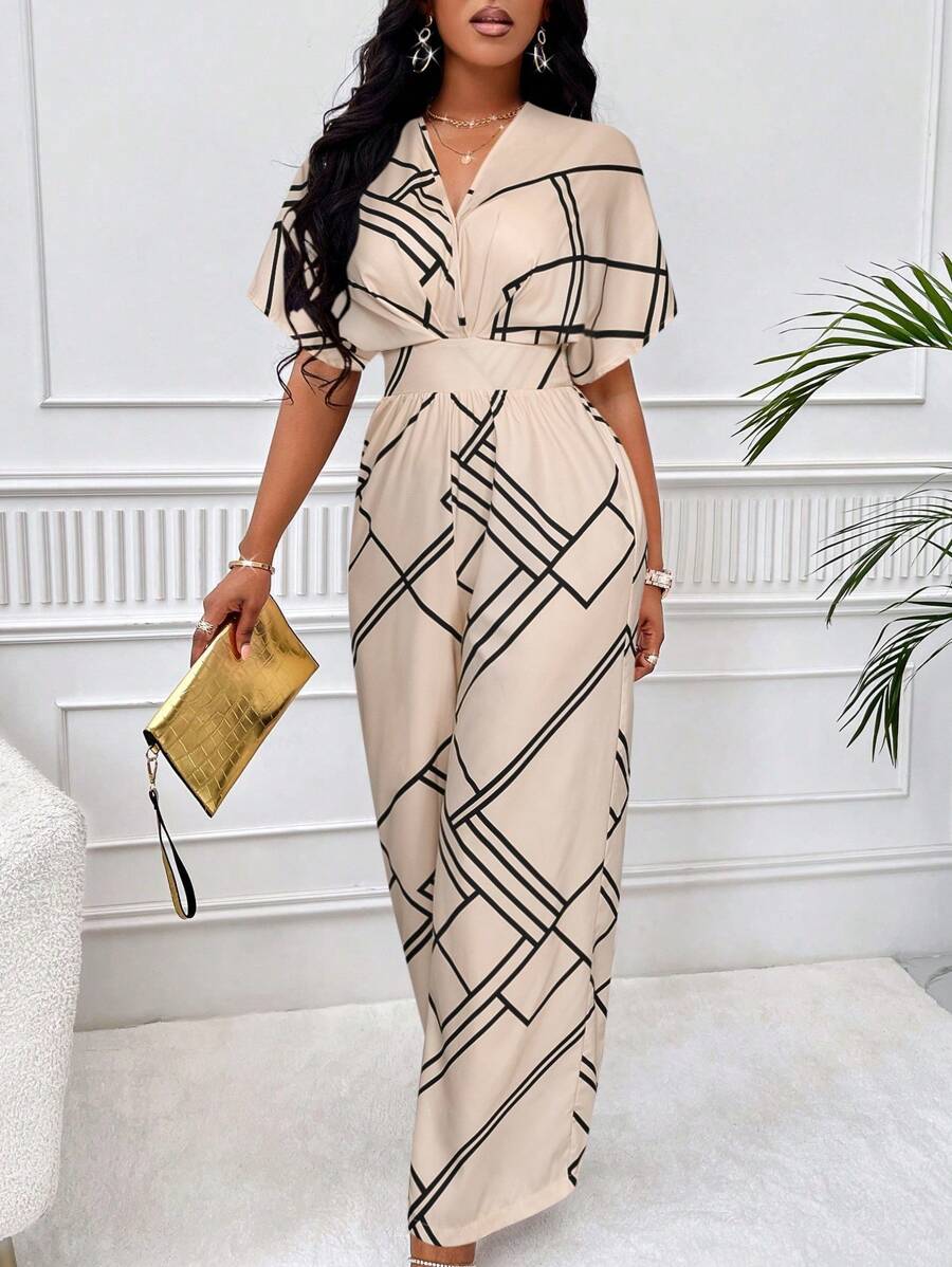 SOLERSUN Women Striped Bat Sleeve Jumpsuit (Random Print) - Apricot - View 1