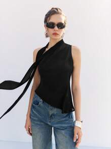 LYSMO Women's Spring And Summer Sleeveless Black Solid Color Asymmetrical Hem Suspender Fashion V-Neck Top Splicing Ribbon Shirt - Black - View 3