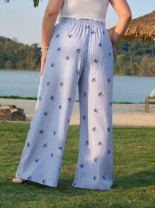 SHEIN MOD 大码女童休闲可爱蝴蝶结印花条纹蕾丝拼接腰部阔腿裤