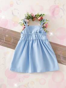SHEIN Playful Pals Baby Girls Sleeveless Chiffon Dress, Fashion Cute Bowknot Print Sky Blue Summer Sundress
