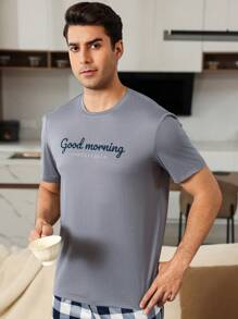 Manfinity Underwear&Sleepwear Basics Parte superior de pijama de cuello redondo con estampado de letra para hombres, conjunto de ropa de casa de verano