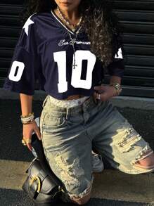 SHEIN EZwear Camiseta de verano casual de satén azul marino y panel de malla con estampado gráfico