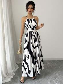 Elenzga Vestido de línea A con estampado gráfico en blanco y negro, con hombros abiertos, nudo retorcido y escote de halter, elegante para primavera/verano de las mujeres