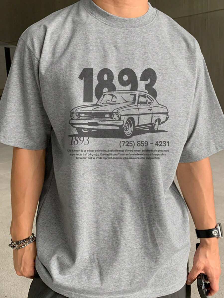 DAZY Summer Men's Gray Car & Letter Print Racing Style T-Shirt - Grey - View 1