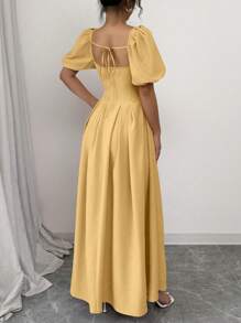 Chiquease Vestido largo con cuello cuadrado rosa, mangas abullonadas fruncidas y lazo en la espalda para mujer