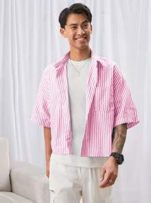 Manfinity VCAY Unisex Casual Loose Woven Vertical Striped Short-Sleeve Button Down Shirt - Pink - View 4