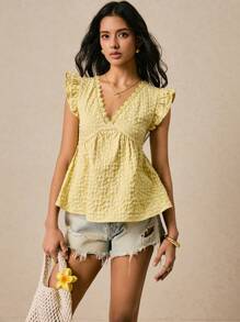 Poéselle Cremegelbe Bluse, Jacquard-Gewebe mit Dreidimensionalität, Spitzenbesatz, Puppenbluse, Ausgehenshirt, Damen Urlaubs-Lässig-Einfarbige Jacquard-Bluse mit Puffärmeln, Buttergelb