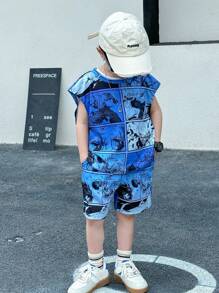2pcs Kids Young Boys Leisure Japanese And Korean Academy Comfortable, Fashionable, Simple, Practical, Versatile Cartoon Anime Printed Loose Tank Top And Shorts Two Pieces Set, Suitable For Outdoor Play, School, Street Photography, Party And Home Leisure, Suitable For School, Sports, Vacation, Home And Outdoor, Suitable For Spring And Summer Seasons