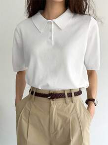 DAZY Women Polo Collar Half-Zip Loose Short Sleeve Commuting Casual Knit Top - White - View 4