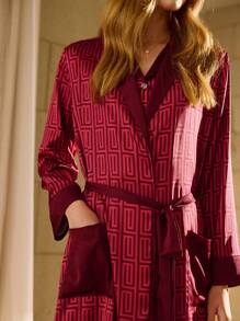 EverLounge Geometric Print Satin Soft Drape Collar Trim Placket Long Sleeve Women Sleepwear Robe