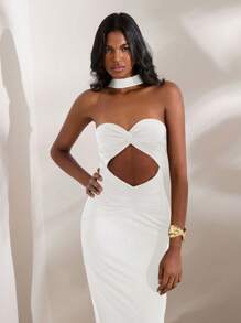 Opulessa 1pc Women Solid Color Knitted Form-Fitting Backless Sleeveless Dress - White - View 7