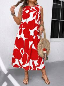 EMERY ROSE 大码花卉印花圆领休闲无袖夏季连衣裙