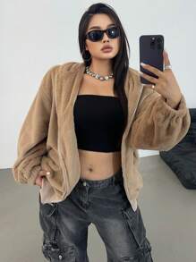 SHEIN POPSWAY 大码休闲纯色连帽羊毛夹克，秋冬 - 卡其色 - 查看 1