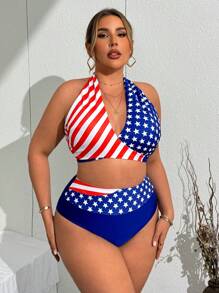 Swim Lushoire Plus Size Women's Summer Beach 4th Of July American USA Flag Print Halter Tie Sexy Bikini Set - Multicolor - View 5