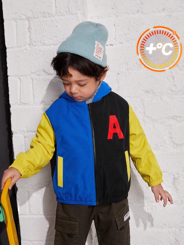 Young Boy Letter Graphic Colorblock Thermal Lined Hooded Jacket