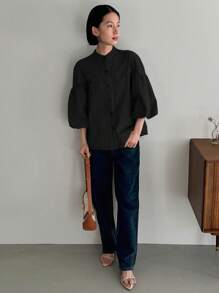 FRIFUL Oversized Women's Denim Shirt With Puff Sleeves - Black - View 2