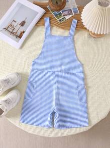 SHEIN 1pc Young Boy Casual Stylish Overalls, Adjustable Button Striped Comfortable Woven One Piece Jumpsuit, Suitable For Holiday, Travel, Relaxing, Summer Getaway - Blue - View 2