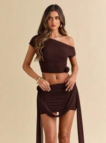 SHEIN BAE Women's Summer Beach Vacation Elegant Brown Sleeveless Vest Suit 3D Three-Dimensional Flower Suit Pleated Top Suit Skirt Suit Dress Concert Costume Performance Costume Music Festival Costume, Concert Women Outfit, Country Concert Outfit, Club Outfits, Sexy Outfits - Brown - View 5