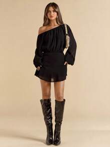 SHEIN BAE 纯黑色雪纺不对称不对称领口宽松灯笼袖短款迷你连衣裙女，节日雪纺连衣裙