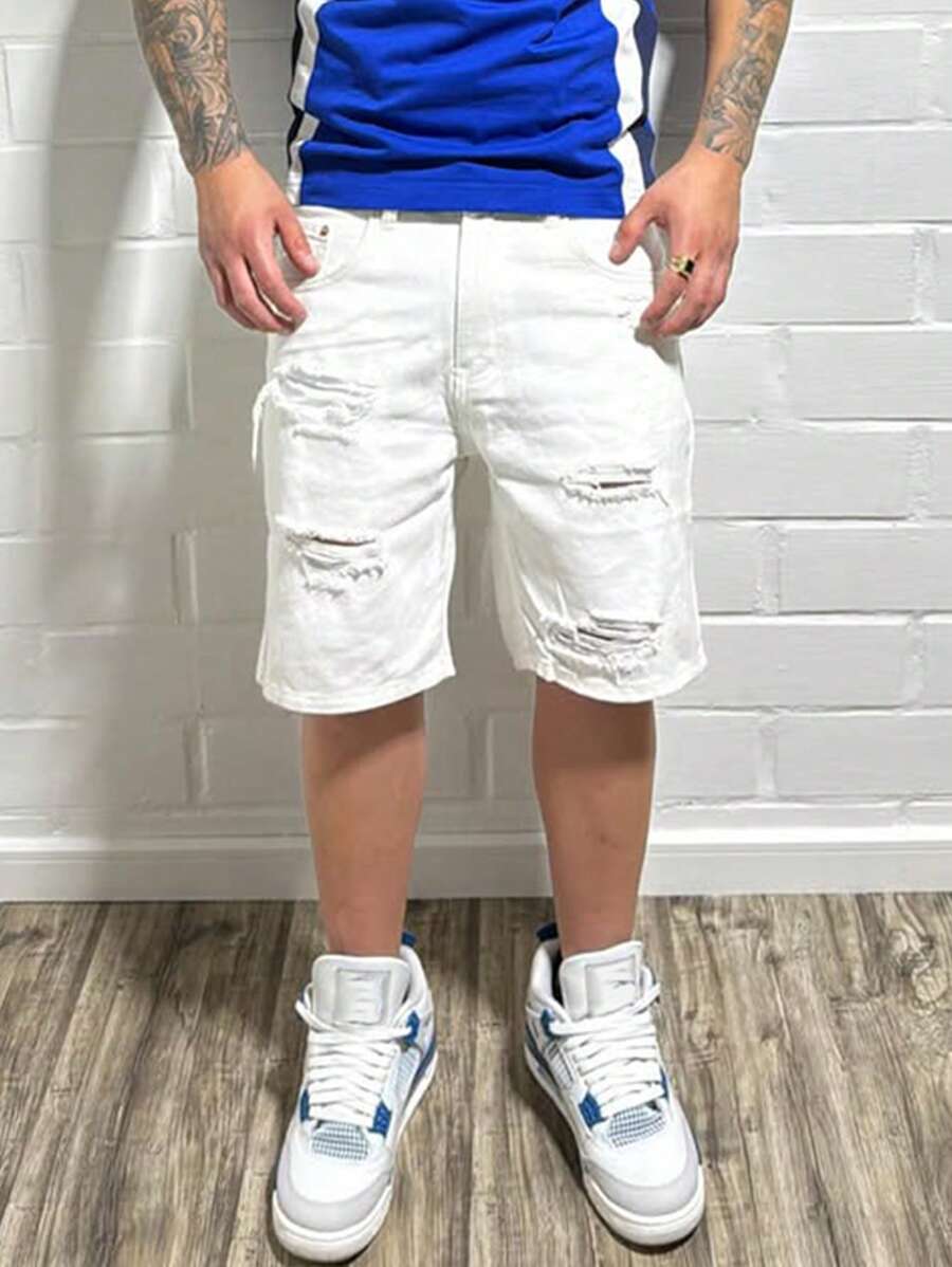 Manfinity Homme 男士休闲破洞口袋宽松七分阔腿牛仔短裤 - 白色 - 查看 1