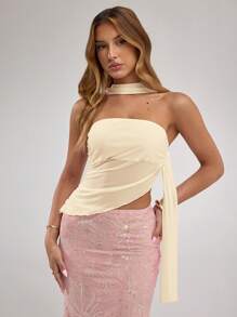 SHEIN BAE 女士春夏粉色优雅浪漫连衣裙甜美抹胸褶皱不对称下摆露背外出夏季上衣，女士夏季，狂欢，俱乐部女士性感，女士海滩 - 杏色 - 查看 7