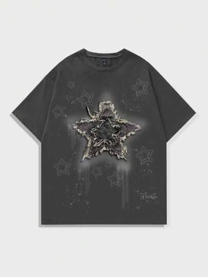 Street Life Camiseta de manga corta de cuello redondo de ajuste holgado y casual con estampado de estrella para hombre