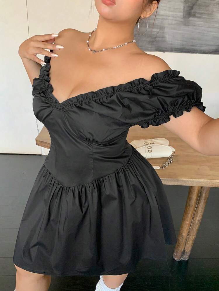 Dazy Plus Frill Trim V-Neck Wrap Front Floral Blouson Mini Black Short Sleeve Dress,Casual Women Dresses
