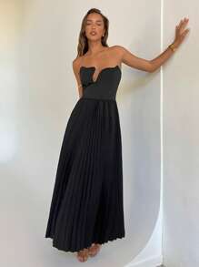 Aloruh 女士优雅派对/节日/休闲通勤镂空腰部荷叶边褶皱连衣裙 - 黑色 - 查看 5