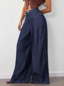 SHEIN Tall Women's Casual Loose Wide Leg Jeans Navy Blue,Summer,Casual,Everyday High Waisted Tall Pants For Woman Work Clothes - Dark Wash - View 6